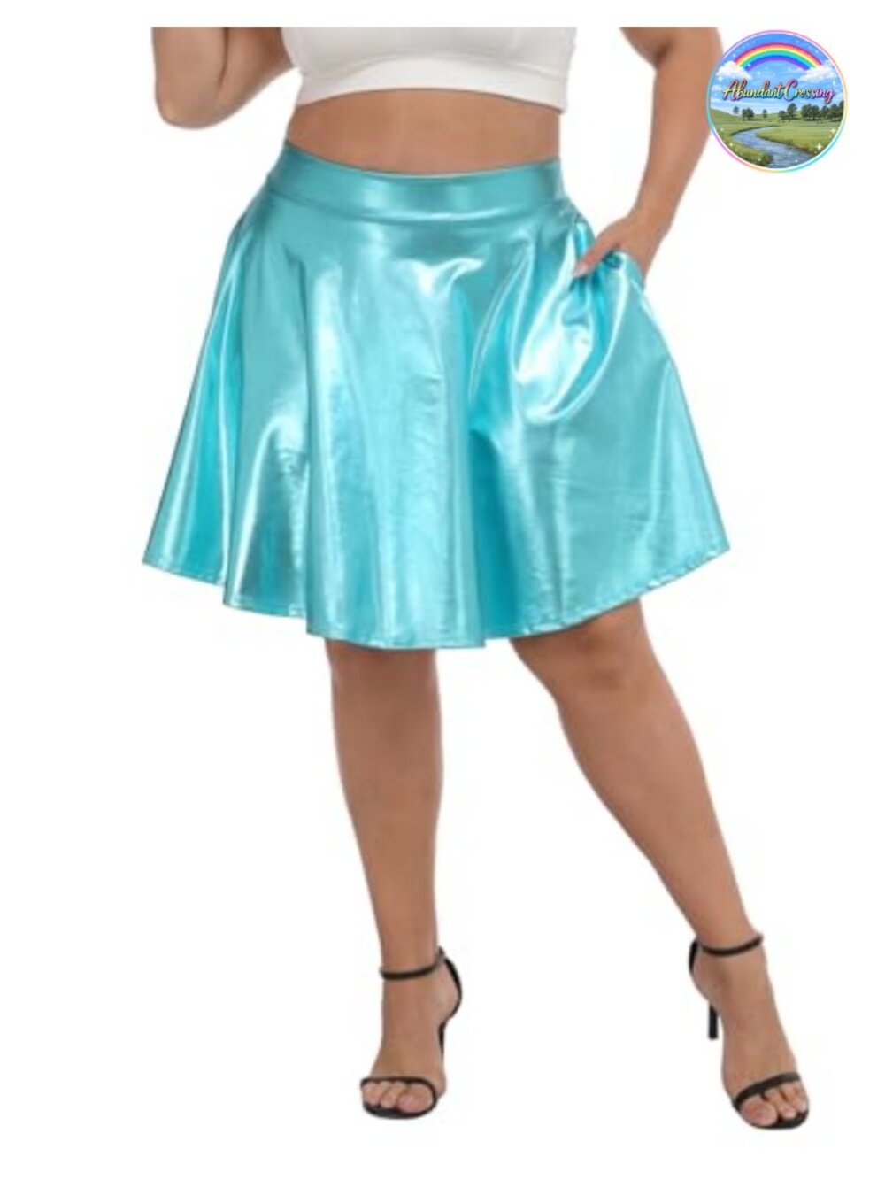 Plus Size Shiny Metallic Skater Skirt Holographic Pleated High Waisted Flared